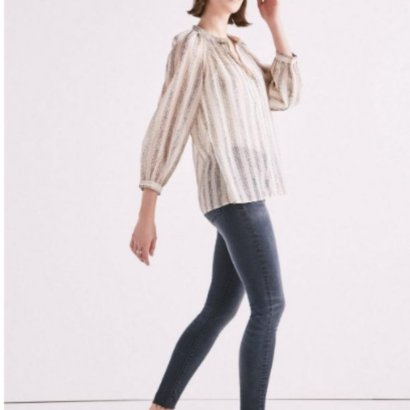 Lucky Brand Cream Gray Blouse Geo Stripe Poet Top Natural Cream Gray XS X-Small - Picture 5 of 15